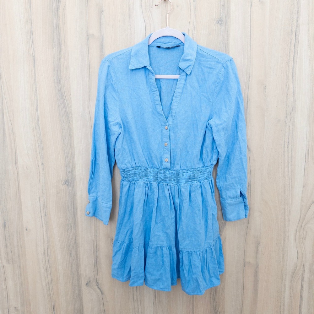 Zara‎ Linen Mini Dress Small Blue Tiered Long Sleeve Coastal Beach Preppy Summer